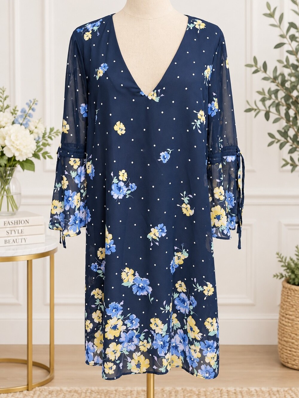 Vince Camuto Navy Floral Polka Dot Bell Sleeve Shift Dress Women’s Size 14